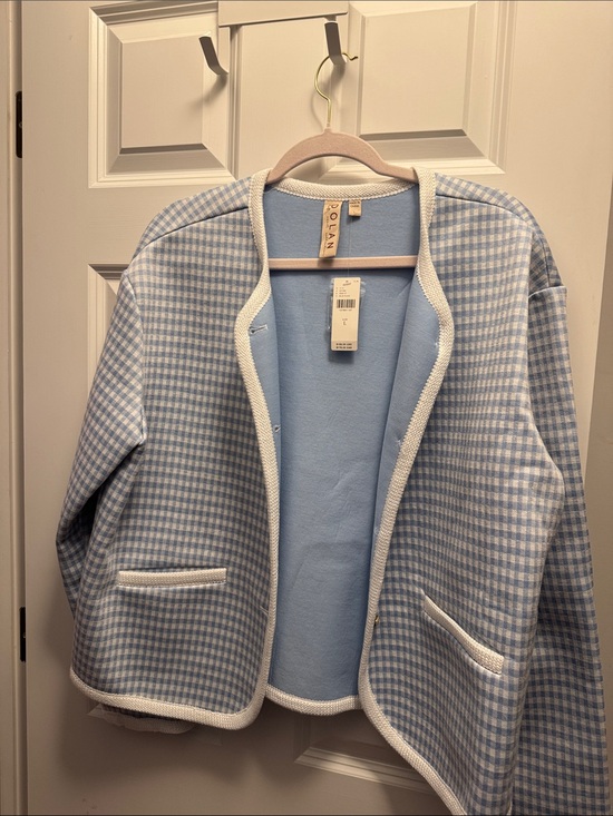 Anthropologie Jackets & Blazers - Anthropologie Light Blue Gingham Open-Front Jacket with White Trim